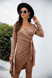V-Neck Long-Sleeved Solid Color Irregular Dress
