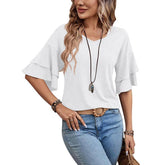 Solid Color V-Neck Double-Sleeved Baggy Blouse