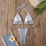 Tie Side Bikini Set Shiny Solid Color Swimsuit