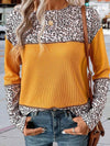 Pullover Leopard Print Patchwork Waffle Knit