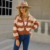 V-Neck Striped Color Matching Knit Cropped Cardigan