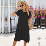Solid Color Pleated Short Sleeve Tie Dress