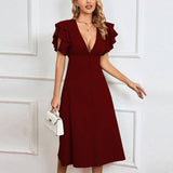 V Neck Sexy Backless Button A Line Midi Dress_Cwdsd3248