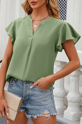 Solid Color V Neck Loose Short Sleeve Chiffon Top_Cwtsts0316