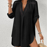 White Lace V-Neck Beach Cover Up Blouse_Cwmm6149