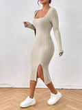 Square-Neck Long-Sleeved Solid-Color Dress