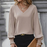 Women V Neck Splice Pleated Shirt_Cwtstl0586