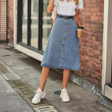 Washed Denim Button Front Skirt For Women Slim_Cwjsk0202