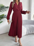 Triple V-Neck Long-Sleeved Waist Pleated Dress