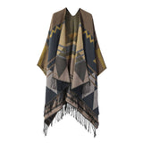 FRINGED GEOMETRIC PATTERN SHAWL SLIT CAPE SCARF_CWASC2213