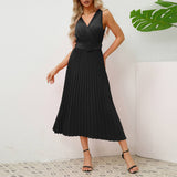 V-Neck Pleated Belted Bodycon Midi Dress