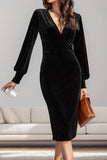 V-Neck Fanny Pack Hip Long Sleeve Velvet Dress_Cwdmd3581