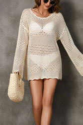 Cwtbll3657_Hollow Knit Cardigan Bell Sleeve Beach Dress