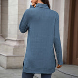 Solid-Color High-Neck Long-Sleeved Slit T-Shirt