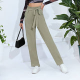 Solid Color Tie Waist High Rise Slim Fit Pants