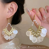 FRENCH GEOMETRIC SCALLOPED SHELL TASSEL EARRINGS_CWAJE2180