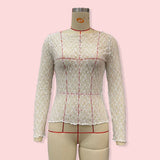 SEMI SHEER MESH LACE T SHIRT SLIM FIT CROPPED TOP_CWTBLL2661