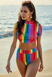 Rainbow Striped High-Neck Two-Piece Swimsuit