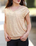 Womens Sequin V-Neck Fitted Raglan Sleeve Top