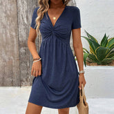 V-Neck, Cinched Waist, Knotted Solid Color Dress