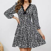 Spliced Floral V-Neck Floral Long-Sleeved Dress