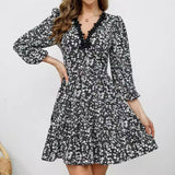 Spliced Floral V-Neck Floral Long-Sleeved Dress
