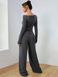 Solid-Color Long-Sleeved Wide-Leg Long Pants Set