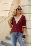 V Neck Lace Stitching Solid Color Loose Top_Cwtsts0187