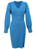 V-Neck Long-Sleeved, Belt-Hugging Knitted Dress