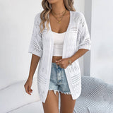 Solid-Color Hollowed-Out Mid-Sleeve Cardigan