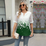 V-Neck Printed Chiffon Top With Lace Sleeves