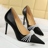 COLOR BLOCK POINTED TOE PEARL BOW HIGH HEELS_CWSHH0099