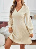 V-Neck Lantern Sleeves Solid Color Dress