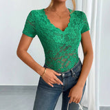 Solid-Color Lace V-Neck Short Sleeve Lace T-Shirt