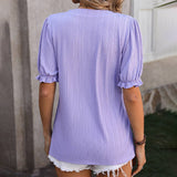 Solid Color V Neck Ear Of Wheat Short Sleeved Top_Cwtts0898