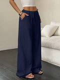 Solid-Color Textured Drawstring Wide-Leg Pants