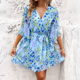 Vacation Floral Tie Waist Chiffon Short Dress