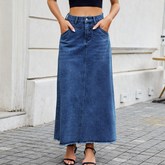 Women High Waist Denim Midi Skirt With Pockets_Cwjsk0203