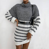 Striped Knit Mid-Length Turtleneck Sweater Dress