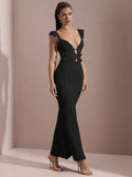 V-Neck Knitted Black Ear-Trimmed Backless Dress