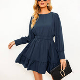 Solid Color Pinched Waist Long Sleeve Dress