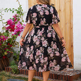 SUMMER V NECK FLORAL DRESS FLUTTER SLEEVE FLARED_CWDMD5982