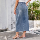 Wome Washed Denim Midi Skirt With Slit_Cwjsk0196