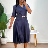 SOLID COLOR V NECK FASHIONABLE PLEATED DRESS_CWDMD3717