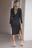 Solid Color V-Neck Long Sleeve Knit Lace-Up Dress