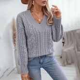 Vintage V-Neck Long Sleeve Solid Color Sweater