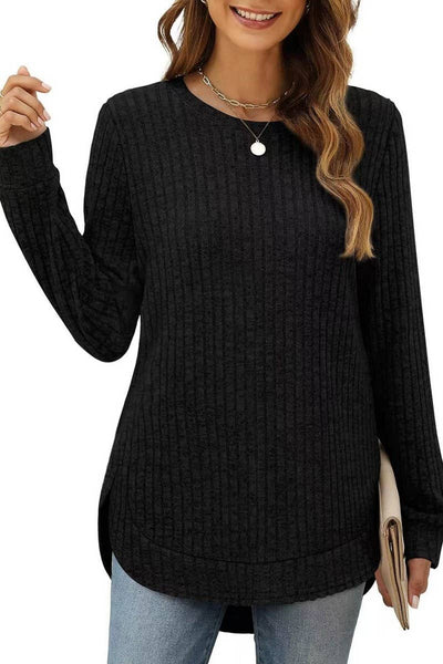Cwtbll2383_Round Neck Long Sleeve Slit Swallowtail Top