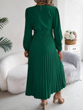 V-Neck Button-Up Long Pleated Dress