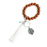 BOHO TASSEL KEYCHAIN WITH LEAF CHARM AND WOOD BEADS_CWAB5087