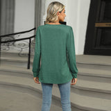 Solid Color U-Neck Pleated Long Sleeve Top